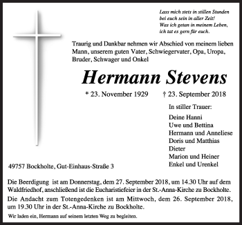 Traueranzeige von Hermann Stevens von Neue Osnabrücker Zeitung GmbH & Co. KG