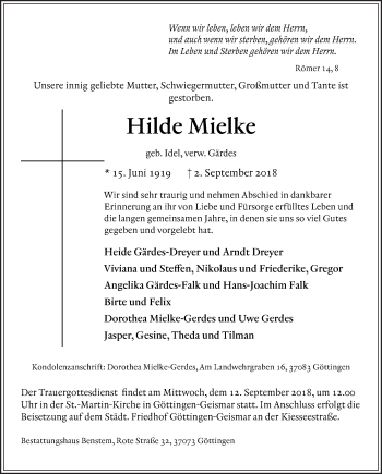 Traueranzeige von Hilde Mielke von Neue Osnabrücker Zeitung GmbH & Co. KG