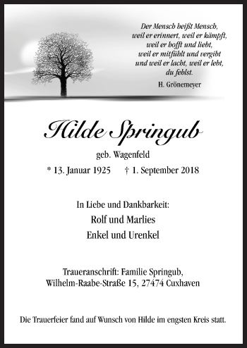 Traueranzeige von Hilde Springub von Neue Osnabrücker Zeitung GmbH & Co. KG