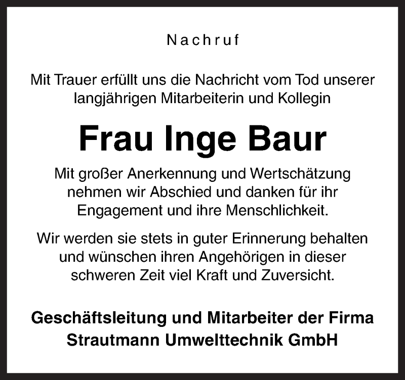  Traueranzeige für Inge Baur vom 08.09.2018 aus Neue Osnabrücker Zeitung GmbH & Co. KG