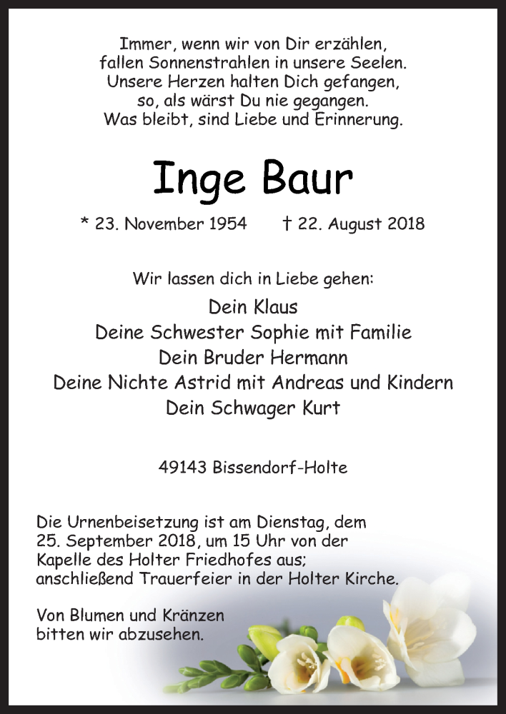  Traueranzeige für Inge Baur vom 01.09.2018 aus Neue Osnabrücker Zeitung GmbH & Co. KG