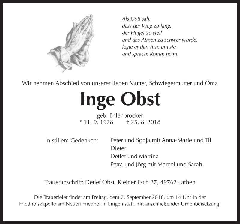  Traueranzeige für Inge Obst vom 01.09.2018 aus Neue Osnabrücker Zeitung GmbH & Co. KG