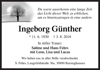 Traueranzeige von Ingeborg Günther von Neue Osnabrücker Zeitung GmbH & Co. KG