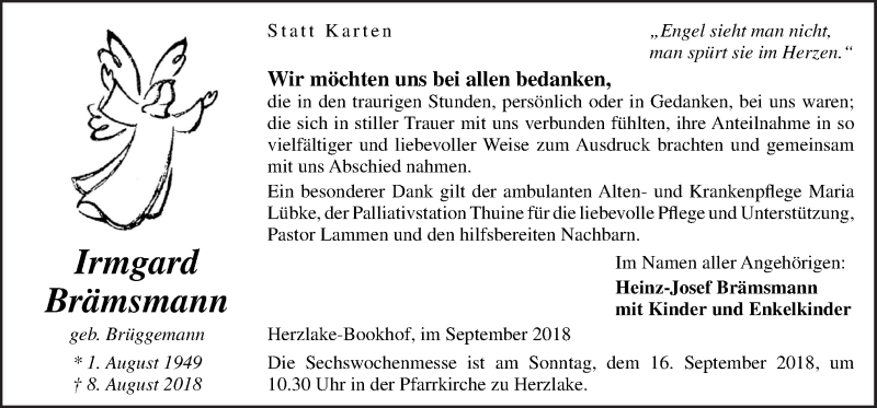  Traueranzeige für Irmgard Brämsmann vom 12.09.2018 aus Neue Osnabrücker Zeitung GmbH & Co. KG
