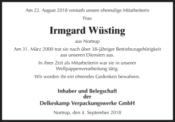 Traueranzeige von Irmgard Wüsting von Neue Osnabrücker Zeitung GmbH & Co. KG