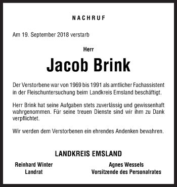 Traueranzeige von Jacob Brink von Neue Osnabrücker Zeitung GmbH & Co. KG