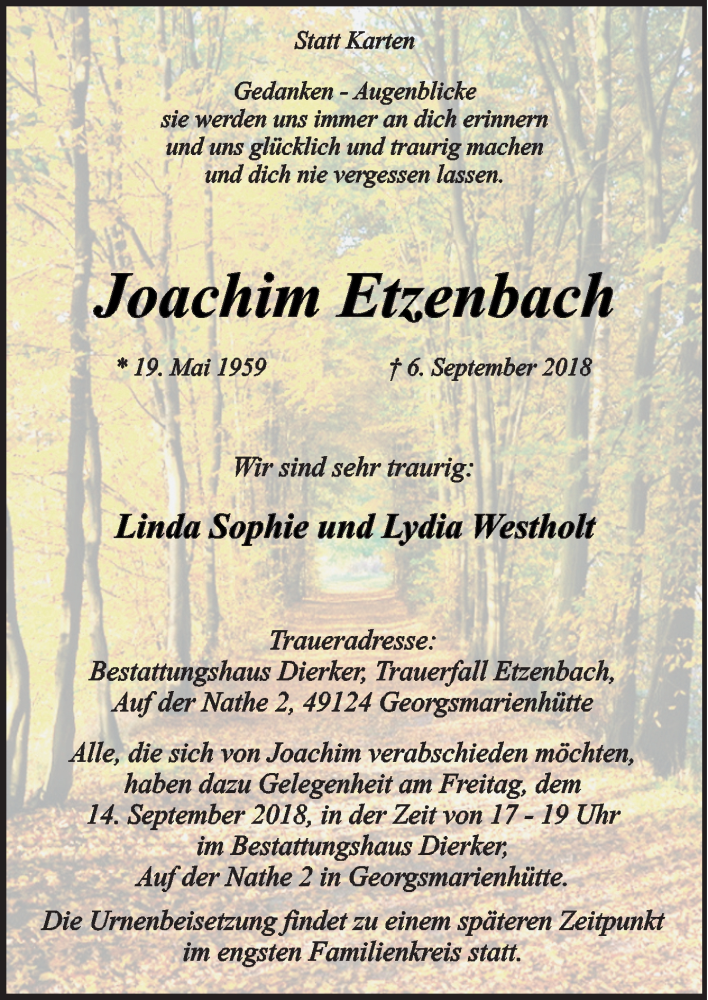  Traueranzeige für Joachim Etzenbach vom 11.09.2018 aus Neue Osnabrücker Zeitung GmbH & Co. KG