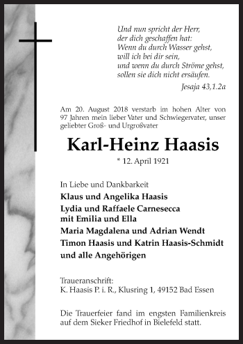 Traueranzeige von Karl-Heinz Haasis von Neue Osnabrücker Zeitung GmbH & Co. KG