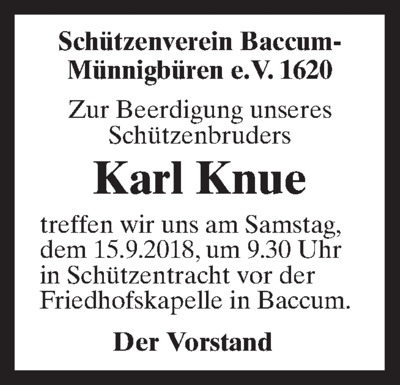  Traueranzeige für Karl Knue vom 14.09.2018 aus Neue Osnabrücker Zeitung GmbH & Co. KG