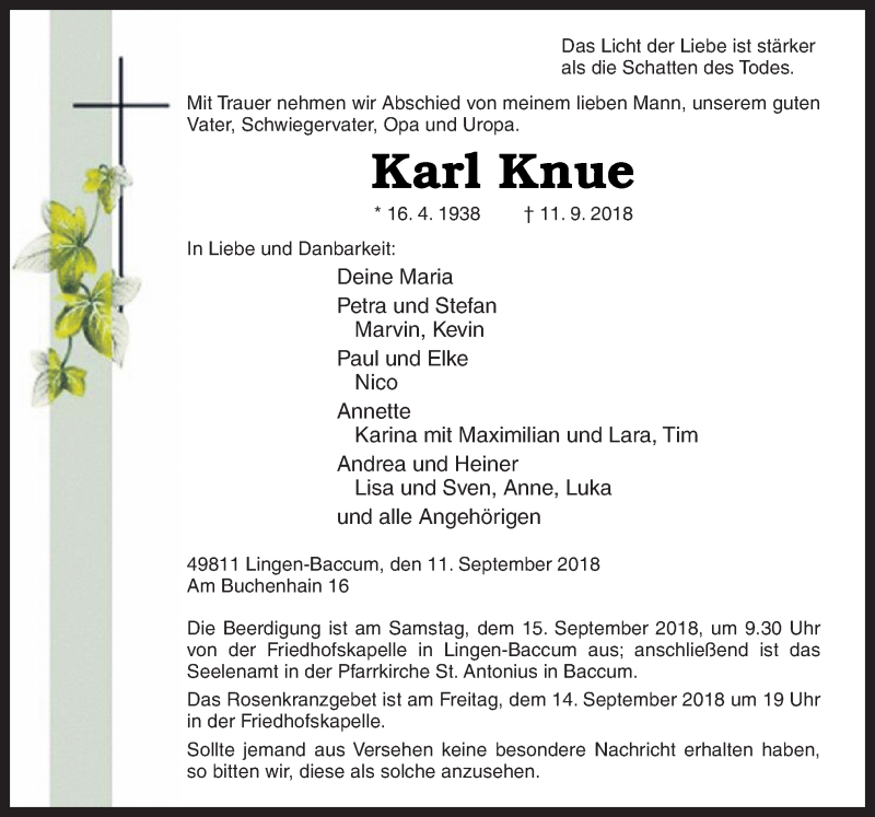  Traueranzeige für Karl Knue vom 14.09.2018 aus Neue Osnabrücker Zeitung GmbH & Co. KG