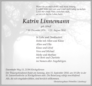 Traueranzeige von Katrin Linnemann von Neue Osnabrücker Zeitung GmbH & Co. KG