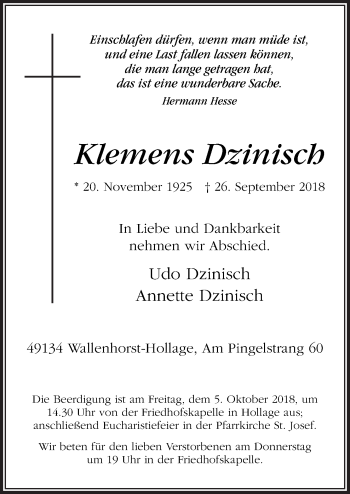 Traueranzeige von Klemens Dzinisch von Neue Osnabrücker Zeitung GmbH & Co. KG