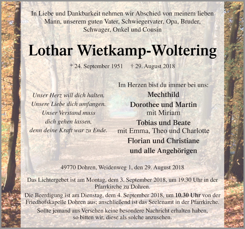 Traueranzeige für Lothar Wietkamp-Woltering vom 01.09.2018 aus Neue Osnabrücker Zeitung GmbH & Co. KG