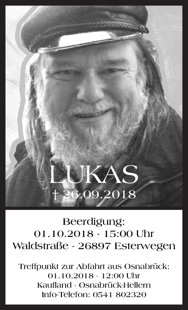  Traueranzeige für Lukas  vom 29.09.2018 aus Neue Osnabrücker Zeitung GmbH & Co. KG