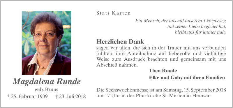  Traueranzeige für Magdalena Runde vom 12.09.2018 aus Neue Osnabrücker Zeitung GmbH & Co. KG