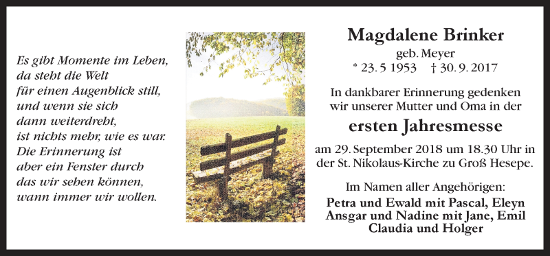  Traueranzeige für Magdalene Brinker vom 26.09.2018 aus Neue Osnabrücker Zeitung GmbH & Co. KG