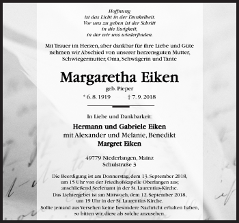 Traueranzeige von Margaretha Eiken von Neue Osnabrücker Zeitung GmbH & Co. KG