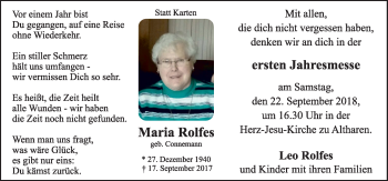 Traueranzeige von Maria Rolfes von Neue Osnabrücker Zeitung GmbH & Co. KG