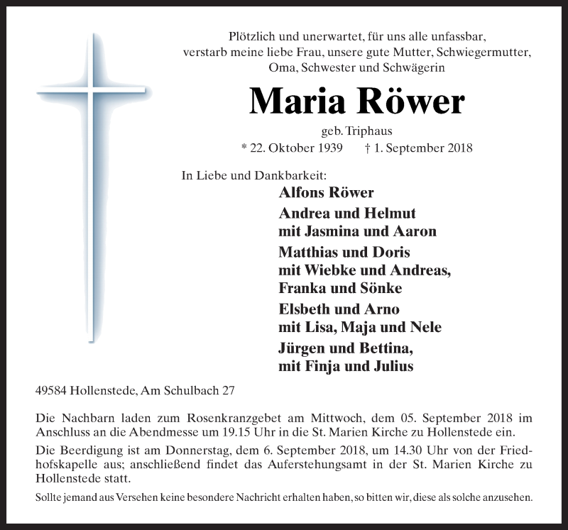  Traueranzeige für Maria Röwer vom 04.09.2018 aus Neue Osnabrücker Zeitung GmbH & Co. KG