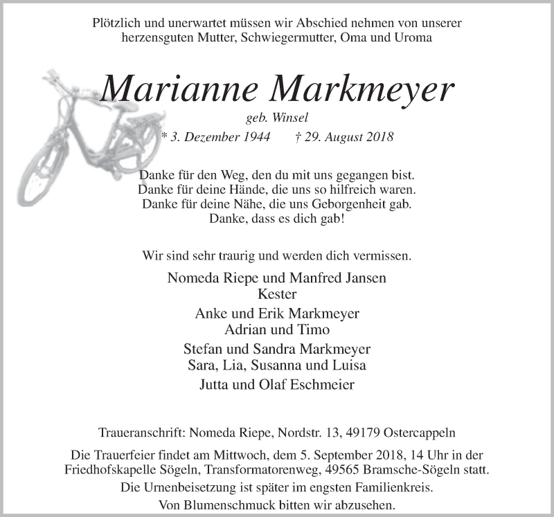  Traueranzeige für Marianne Markmeyer vom 01.09.2018 aus Neue Osnabrücker Zeitung GmbH & Co. KG