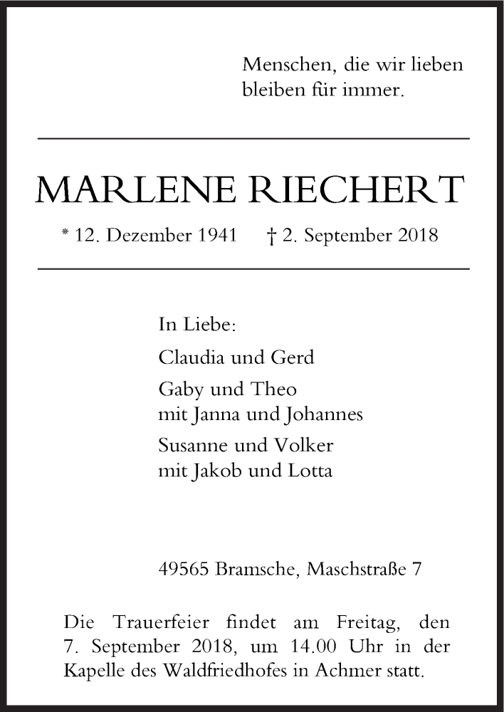  Traueranzeige für Marlene Riechert vom 05.09.2018 aus Neue Osnabrücker Zeitung GmbH & Co. KG