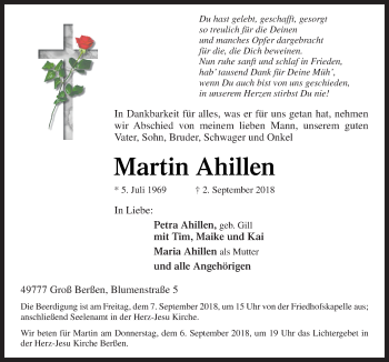 Traueranzeige von Martin Ahillen von Neue Osnabrücker Zeitung GmbH & Co. KG