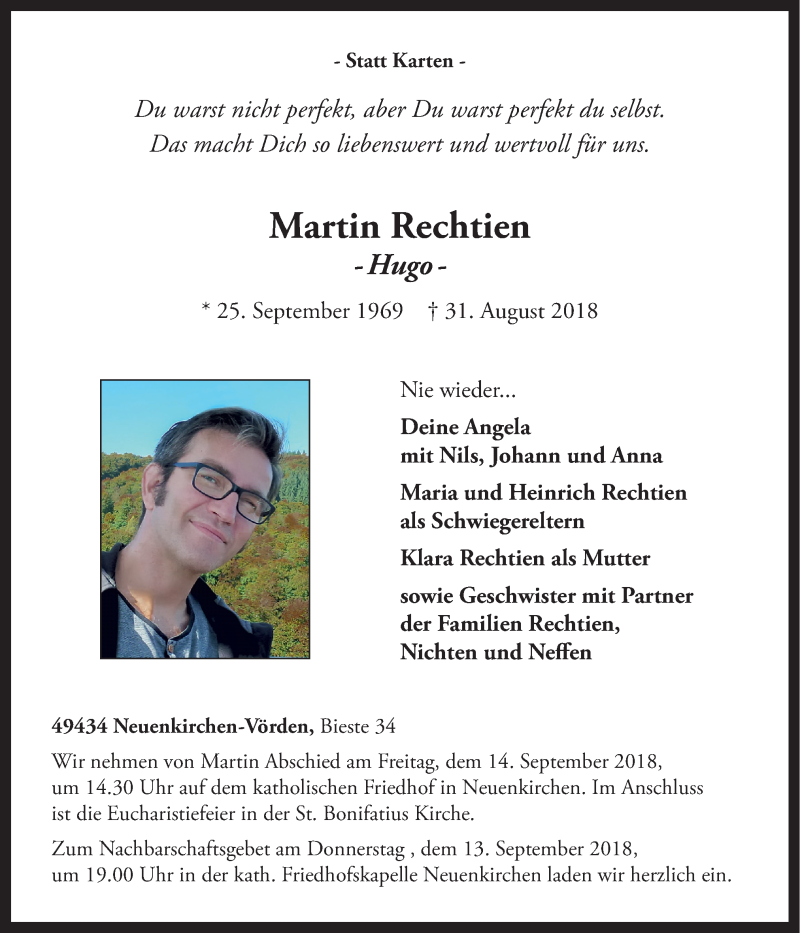  Traueranzeige für Martin Rechtien vom 12.09.2018 aus Neue Osnabrücker Zeitung GmbH & Co. KG