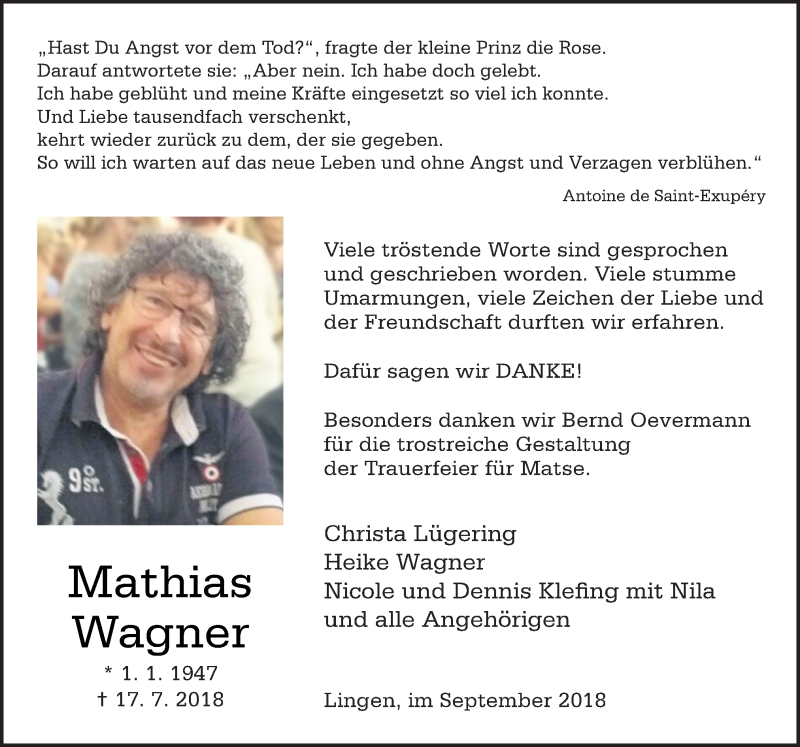  Traueranzeige für Mathias Wagner vom 01.09.2018 aus Neue Osnabrücker Zeitung GmbH & Co. KG