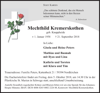 Traueranzeige von Mechthild Kremerskothen von Neue Osnabrücker Zeitung GmbH & Co. KG