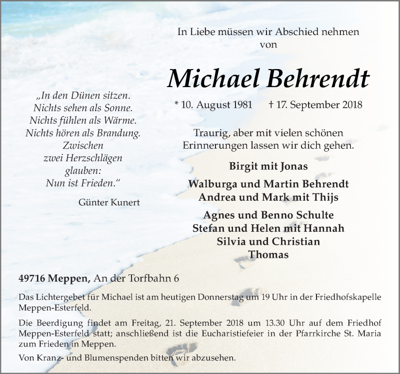  Traueranzeige für Michael Behrendt vom 20.09.2018 aus Neue Osnabrücker Zeitung GmbH & Co. KG