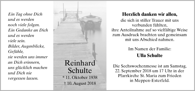  Traueranzeige für Reinhard Schulte vom 19.09.2018 aus Neue Osnabrücker Zeitung GmbH & Co. KG