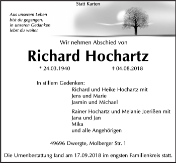 Traueranzeige von Richard Hochartz von Neue Osnabrücker Zeitung GmbH & Co. KG
