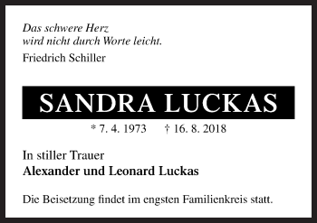 Traueranzeige von Sandra Luckas von Neue Osnabrücker Zeitung GmbH & Co. KG