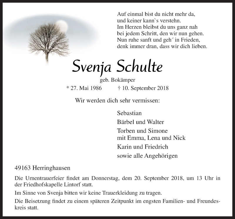  Traueranzeige für Svenja Schulte vom 14.09.2018 aus Neue Osnabrücker Zeitung GmbH & Co. KG