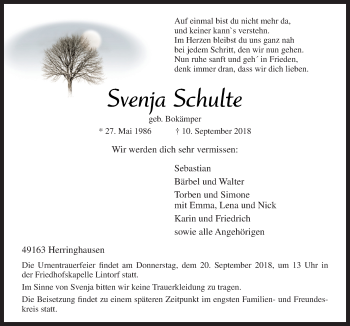 Traueranzeige von Svenja Schulte von Neue Osnabrücker Zeitung GmbH & Co. KG