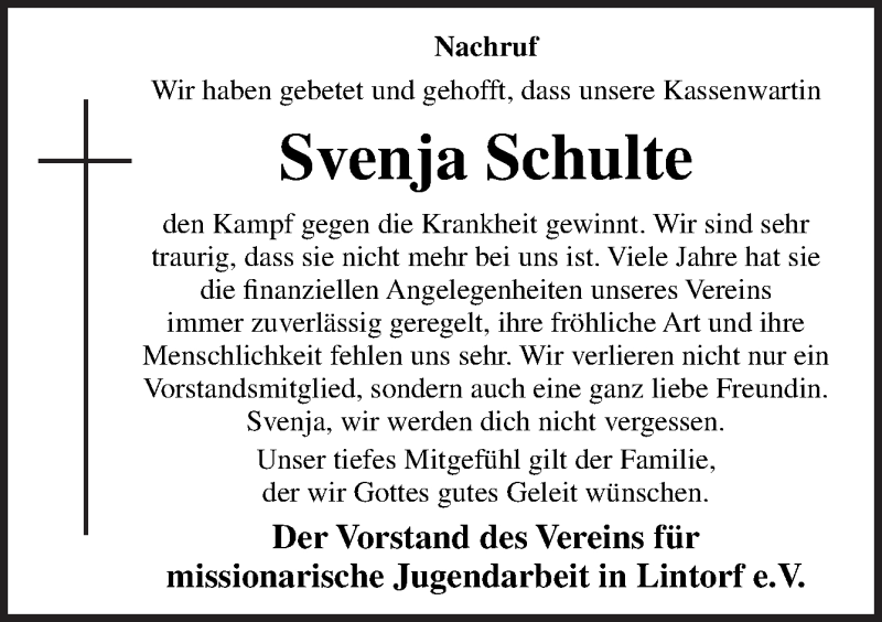  Traueranzeige für Svenja Schulte vom 18.09.2018 aus Neue Osnabrücker Zeitung GmbH & Co. KG