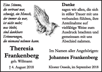 Traueranzeige von Theresia Frankenberg von Neue Osnabrücker Zeitung GmbH & Co. KG