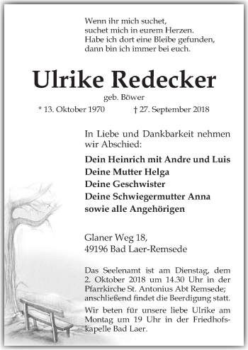 Traueranzeige von Ulrike Redecker von Neue Osnabrücker Zeitung GmbH & Co. KG