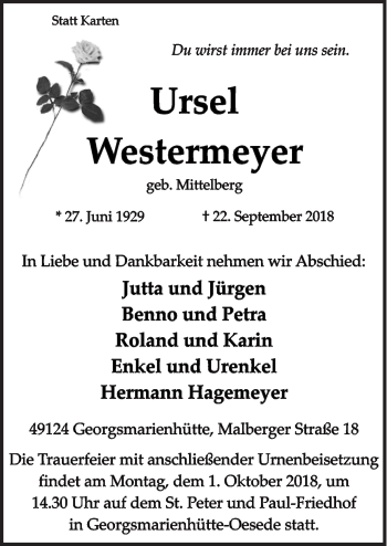 Traueranzeige von Ursel Westermeyer von Neue Osnabrücker Zeitung GmbH & Co. KG