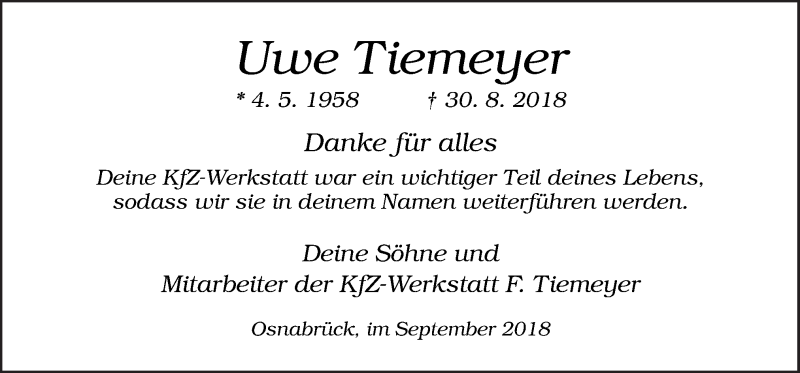  Traueranzeige für Uwe Tiemeyer vom 22.09.2018 aus Neue Osnabrücker Zeitung GmbH & Co. KG