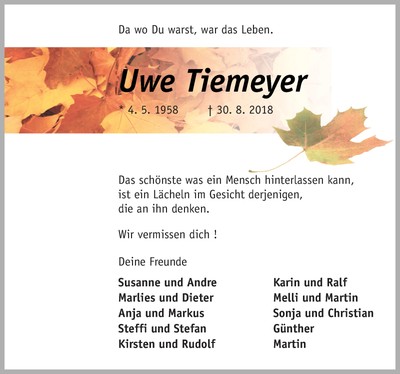  Traueranzeige für Uwe Tiemeyer vom 08.09.2018 aus Neue Osnabrücker Zeitung GmbH & Co. KG