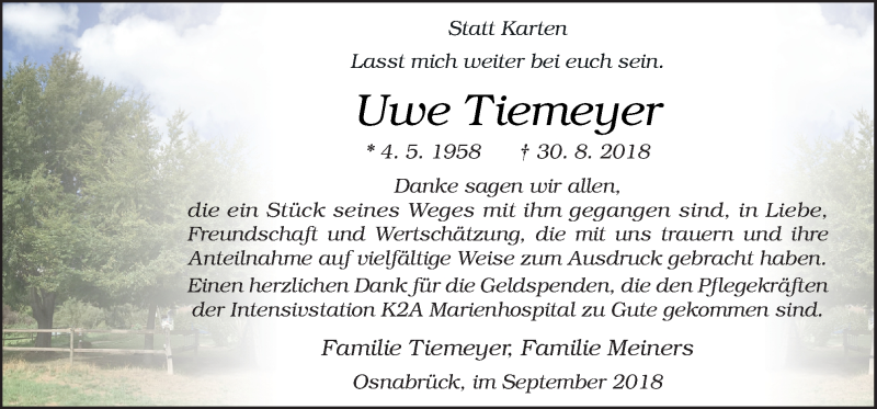  Traueranzeige für Uwe Tiemeyer vom 22.09.2018 aus Neue Osnabrücker Zeitung GmbH & Co. KG