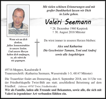 Traueranzeige von Valeri Seemann von Neue Osnabrücker Zeitung GmbH & Co. KG