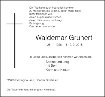 Traueranzeige von Waldemar Grunert von Neue Osnabrücker Zeitung GmbH & Co. KG