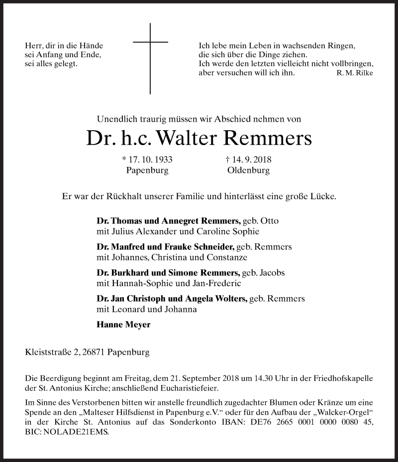  Traueranzeige für Walter Remmers vom 18.09.2018 aus Neue Osnabrücker Zeitung GmbH & Co. KG