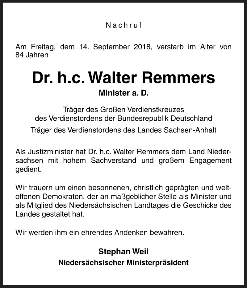  Traueranzeige für Walter Remmers vom 21.09.2018 aus Neue Osnabrücker Zeitung GmbH & Co. KG