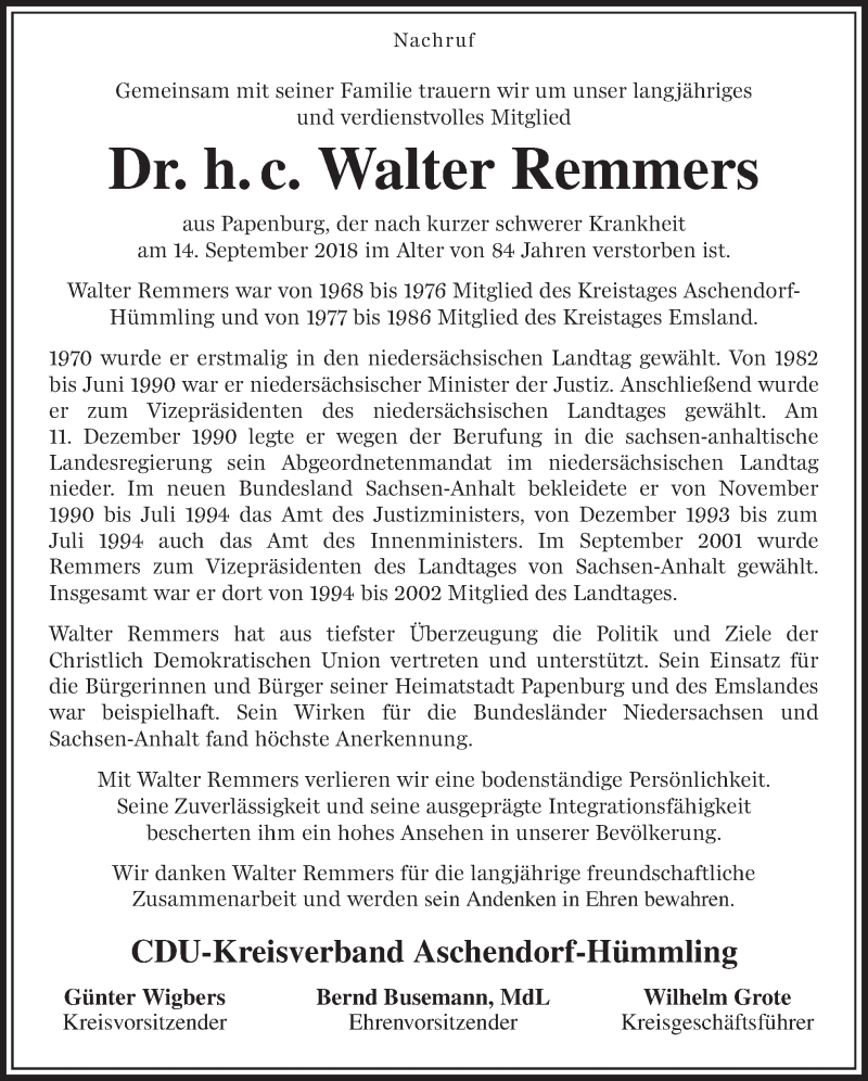  Traueranzeige für Walter Remmers vom 20.09.2018 aus Neue Osnabrücker Zeitung GmbH & Co. KG