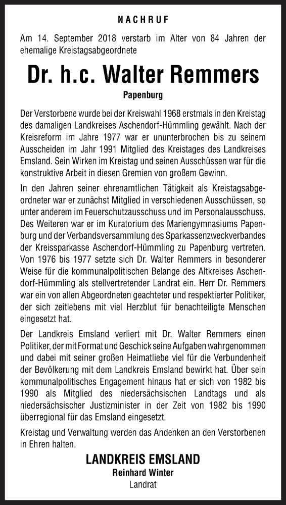  Traueranzeige für Walter Remmers vom 19.09.2018 aus Neue Osnabrücker Zeitung GmbH & Co. KG