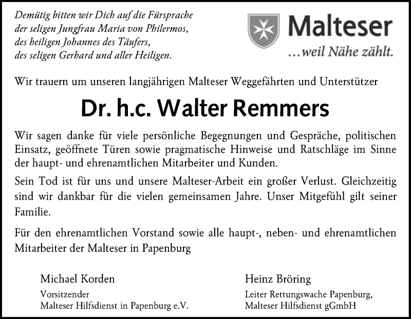  Traueranzeige für Walter Remmers vom 20.09.2018 aus Neue Osnabrücker Zeitung GmbH & Co. KG