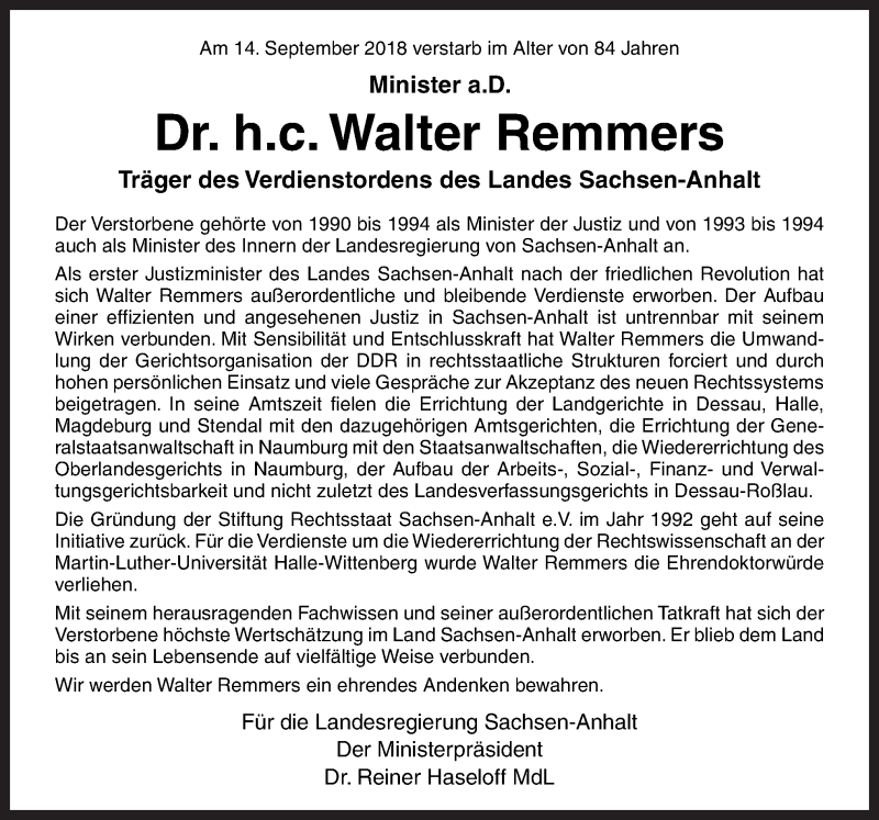  Traueranzeige für Walter Remmers vom 21.09.2018 aus Neue Osnabrücker Zeitung GmbH & Co. KG